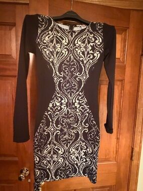 Bar III Black Dress with Cream Ornate Front Panel - Long Sleeve